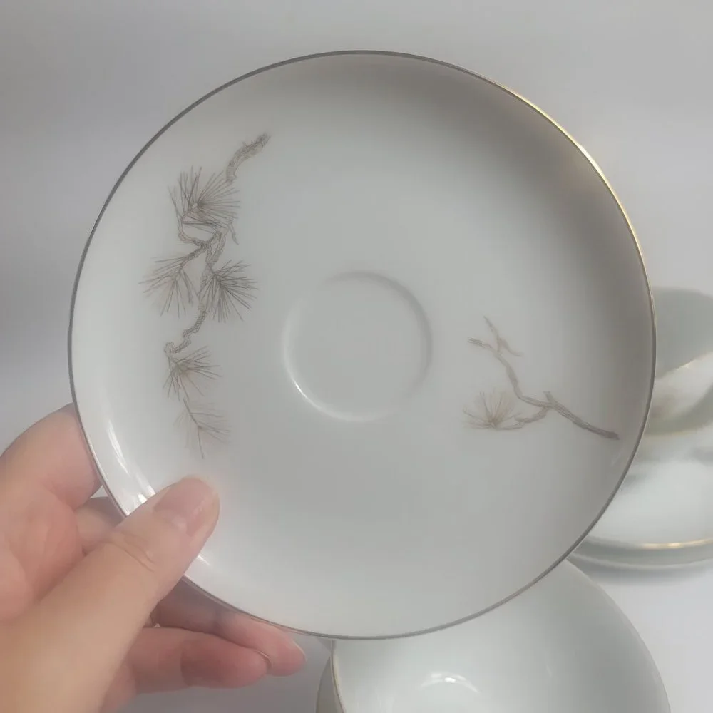 FOUR Sango Larchmont Cup & Saucer Sets White with Brown Pine Branch